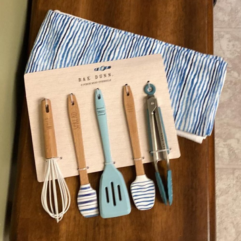 NWT! RAE DUNN Striped Mini Kitchen Utensil Set and Matching "HOME" Towels